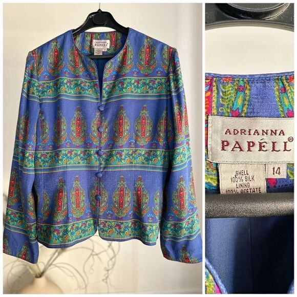 Adrianna Papell 100% Silk Jacket Blouse Shirt Vintage Patterned 14 - Picture 1 of 3